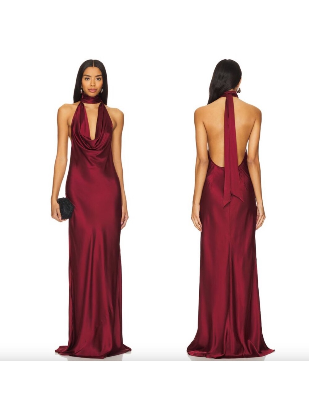 Stone Cold Fox Burgundy Satin Cowl Halter Backless Gown
